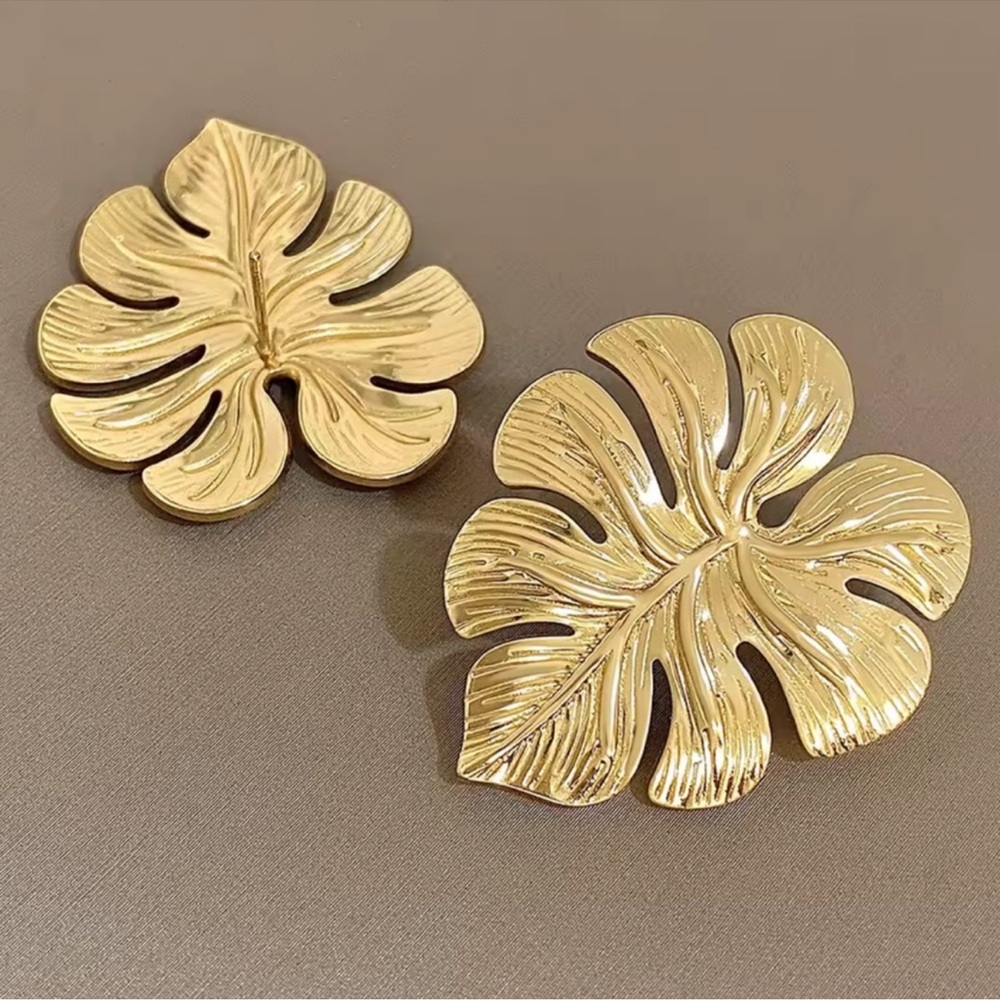 Gold Monstera Leaf Statement Earrings - image 4